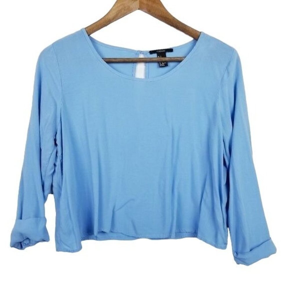 Forever 21 Womens Blue Long Sleeve Crop Top Sz Small Lightweight‎ Scoop Neck